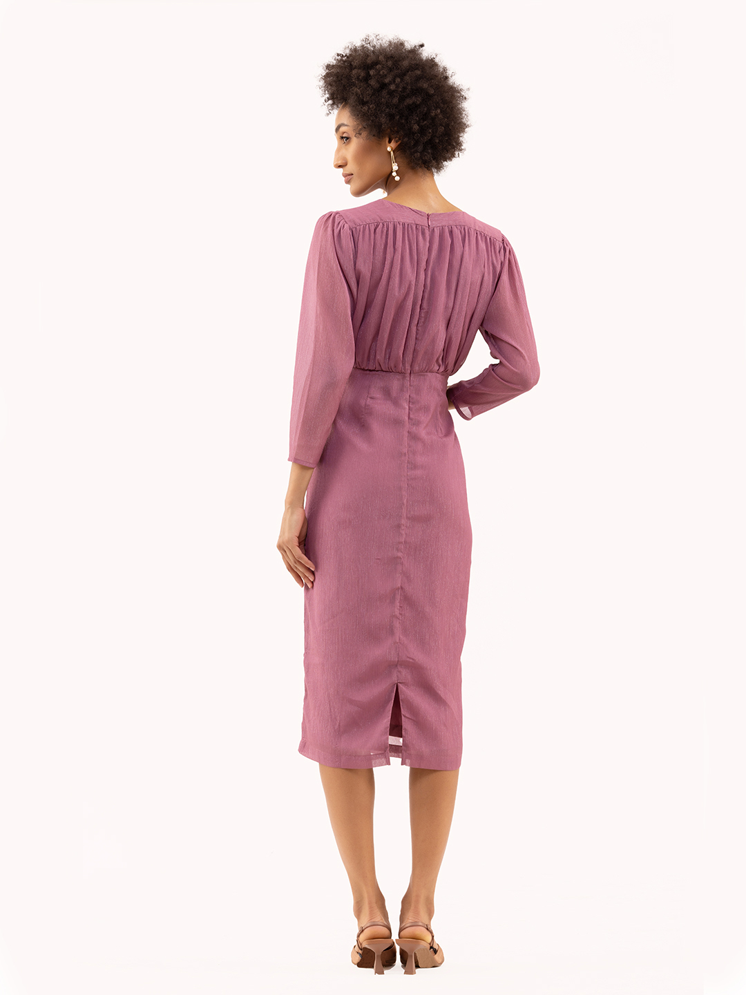 Gathered Fitted Calf  Length Dress Rose Pink -2